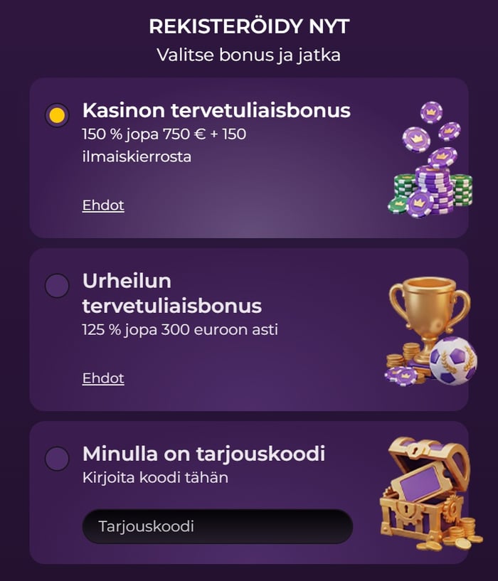 Spinimax Casinon rekisteröitymisnäkymä, jossa valitaan kasinon 150 %:n tervetuliaisbonus tai urheilun 125 %:n bonus.