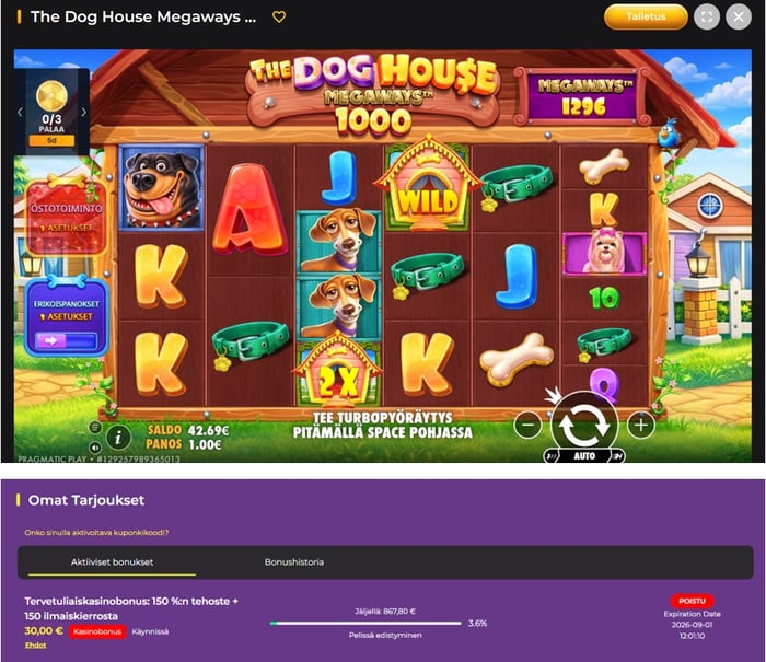 Yhdistelmäkuva The Dog House Megaways 1000 -pelistä 1,00 euron panoksella sekä Omat Tarjoukset -sivusta, jossa näkyy bonuskierrätyksen edistyminen 3,6 prosenttiin..