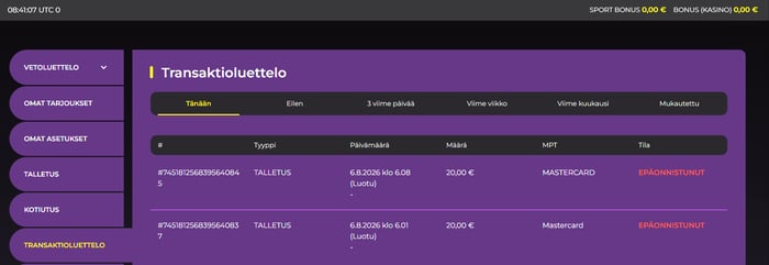 Spinimax Casinon transaktioluettelo, jossa kaksi 20 euron Mastercard-talletusta on merkitty epäonnistuneiksi