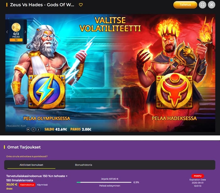 Yhdistelmäkuva Zeus vs Hades - Gods of War -kolikkopelin volatiliteetin valintanäkymästä sekä Omat Tarjoukset -sivusta, jossa näkyy bonuskierrätyksen edistyminen 6,9 prosenttiin.