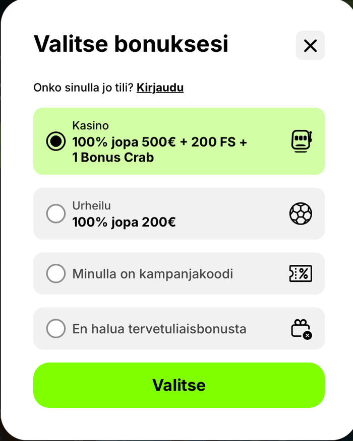 Spinit on perinteinen nettikasino, ja rekisteröityminen tapahtuu lomakkeen kautta. Samalla valitaan käyttöön mieluinen tervetulobonus.