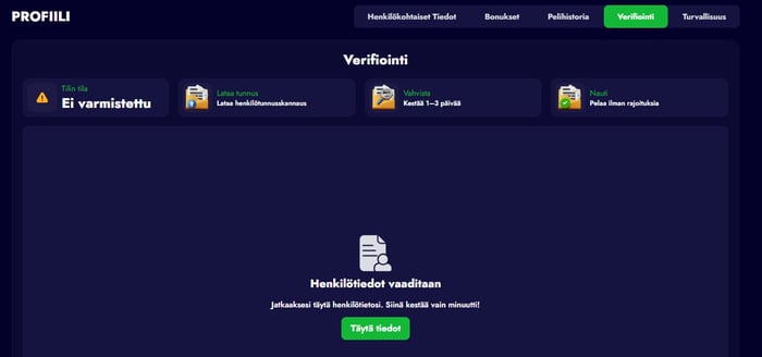 Spinko Casino KYC-prosessi tapahtuu Verifiointi-välilehdellä omalla pelitilillä.