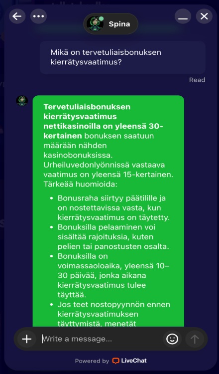 Spinko Casino live chat vastaa tervetulobonuksen kierrätysvaatimusta koskevaan kysymykseen.