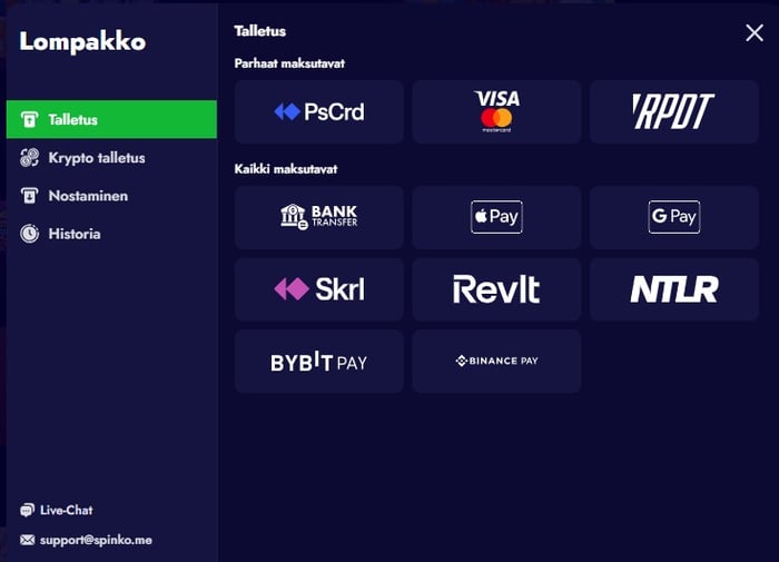 Spinko Casinon parhaisiin talletustapoihin kuuluvat Paysafecard, Visa ja Rapid Transfer.