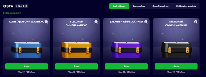 Spinko Casino Lucky Boxes ovat onnenlaatikoita, joista paljastuu erilaisia bonuksia.