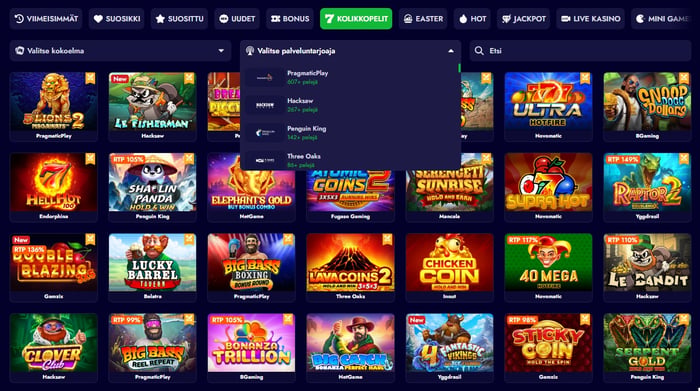 Spinko Casinolla voit suodattaa pelit esimerkiksi valmistajan mukaan.