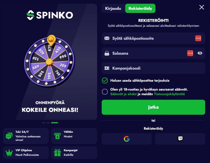 Spinko Casinolle rekisteröidytään sähköpostilla ja itse keksityllä salasanalla.
