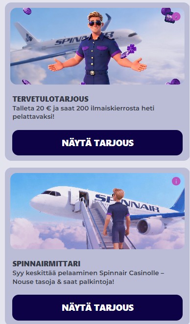 Spinnairin kampanja-osio tervetuliaistarjouksella ja Spinnair-mittarilla.