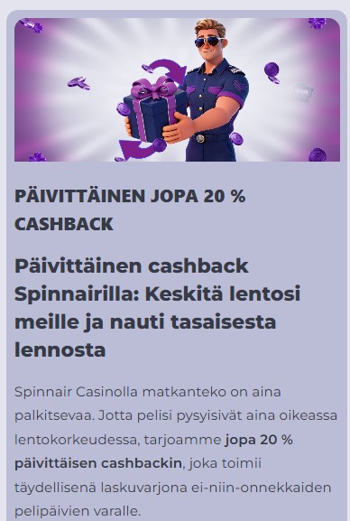 Spinnair Casinon jopa 20 % cashback-tarjous.
