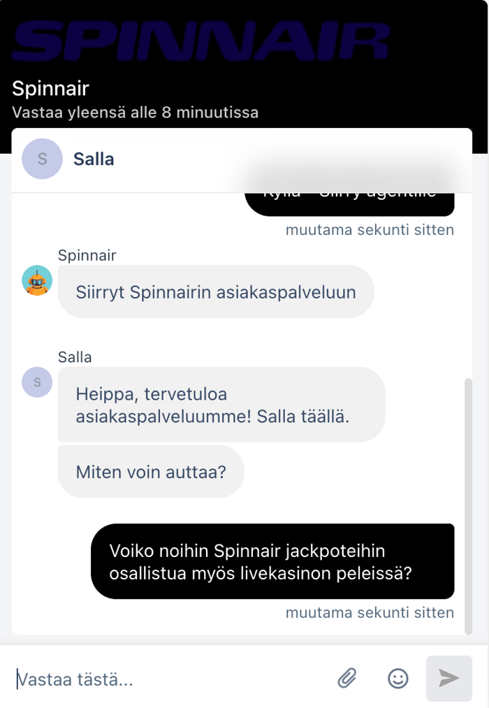 Spinnairin livechatin asiakaspalvelijan Jonnan vastaus.