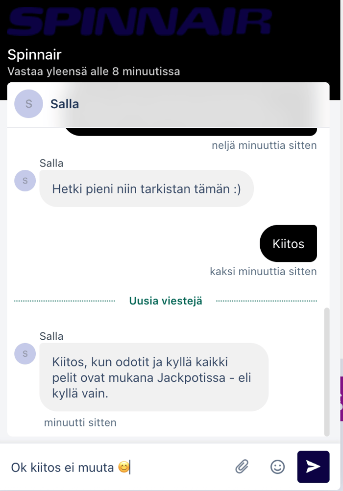 Keskustelun jatko Spinnairin livechatissa Sallan kanssa.