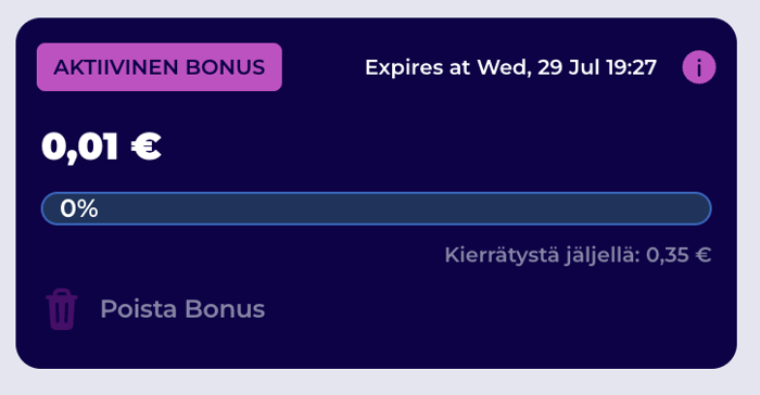 Kierrätyksen alkutilanne 0 % ja 0,01 euroa.