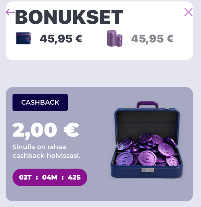 2 euroa kertynyttä cashbackia Spinnair-kasinolla.