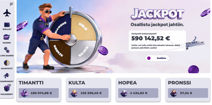 Spinnairin omien jackpot-pelien kategoriat.