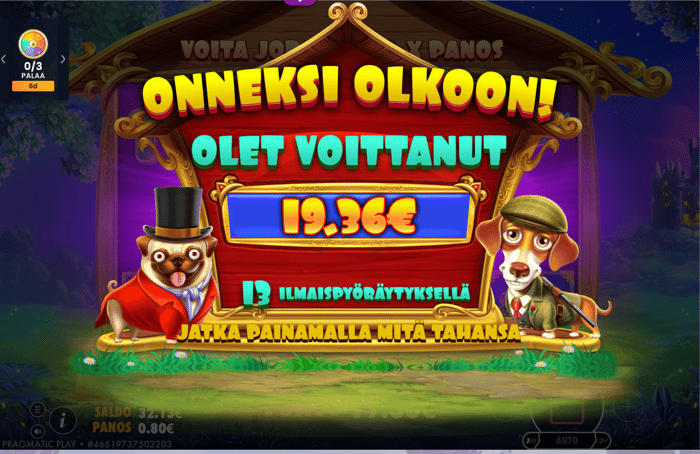 19,36 euron voitto The Dog House -pelissä Spinnairilla.