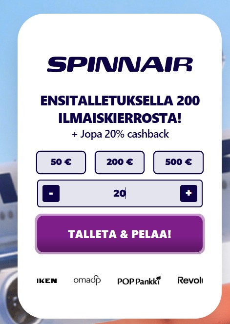 Spinnairin talletuslomake ensitalletusbonustarjouksella.