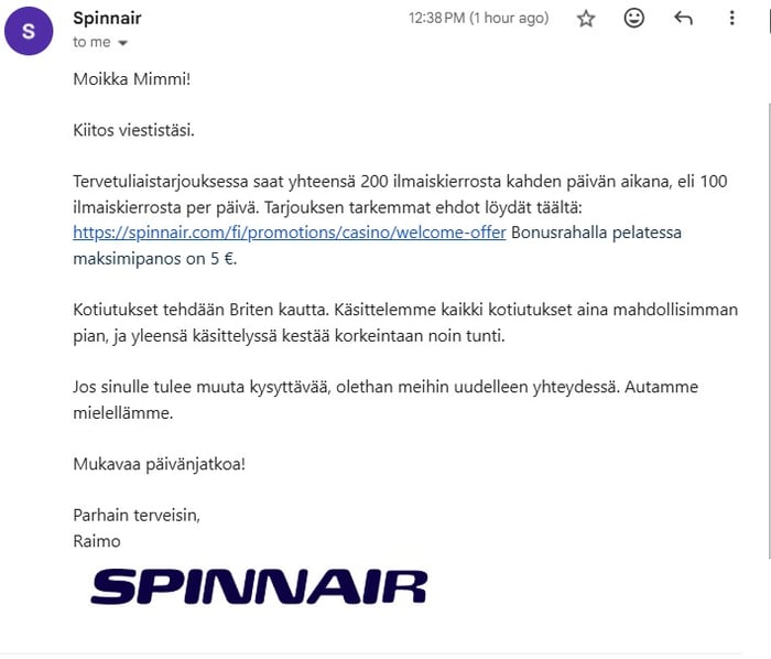 Spinnair Casinon vastaus sähköpostiviestiin suomen kielellä.