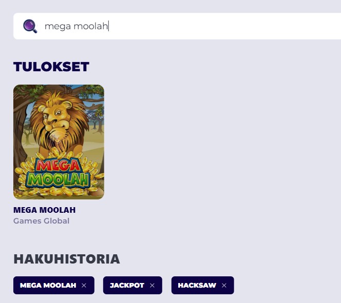 Spinnair Kasinon hakutoiminnolla löytynyt Mega Moolah -peli.