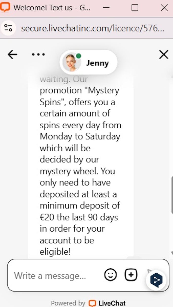 Spinnalot Casinon live-chat vastaa kysymykseen mysteerikierroksista.