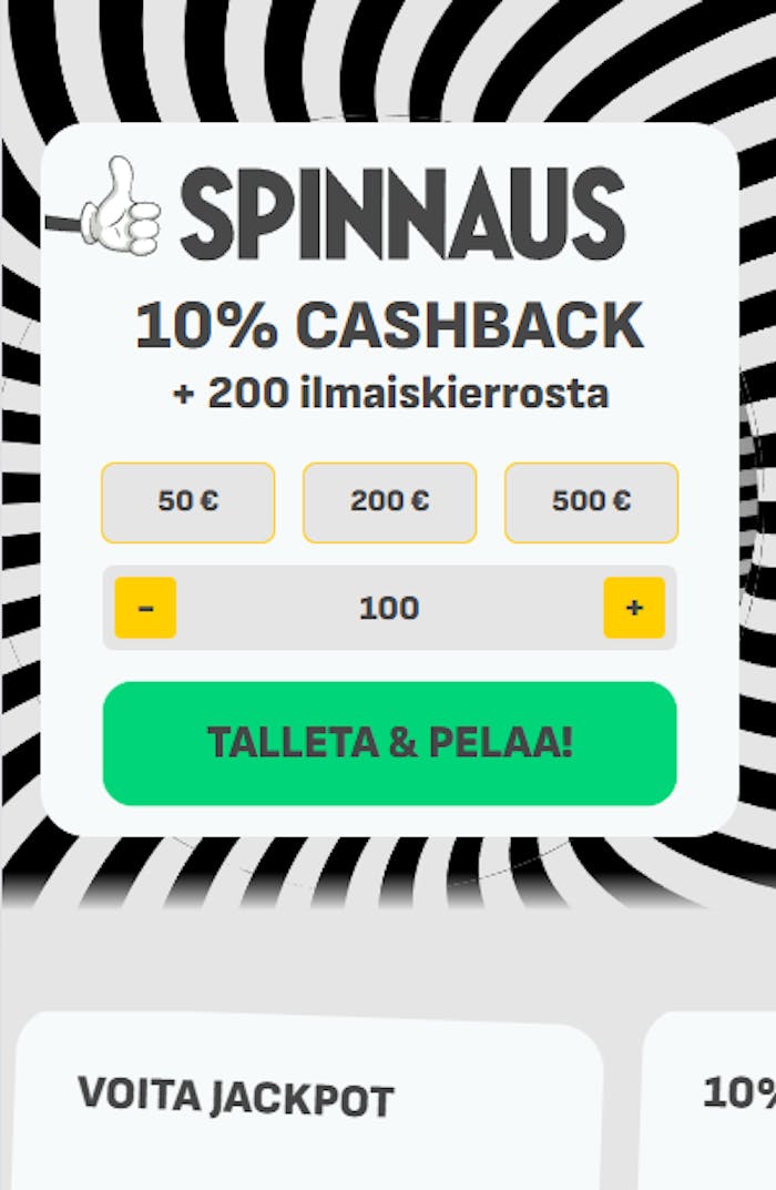 Spinnaus casinon etusivu, jossa mainostetaan pikatalletusta.