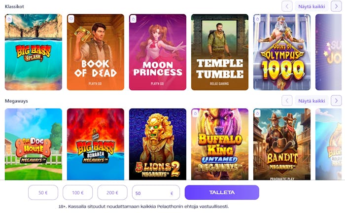 Spinni Casino klassikko kolikkopelit, kuten Book of Dead ja Temple Tumble.