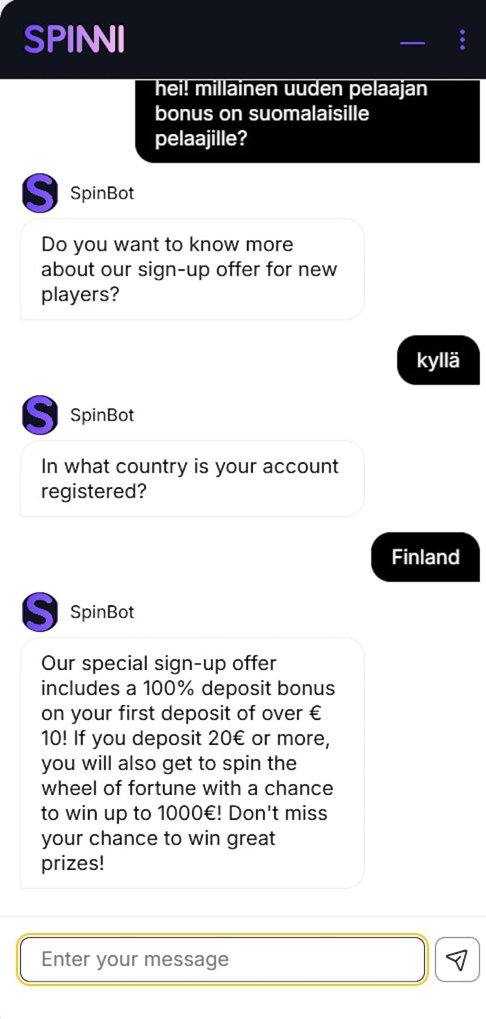 Spinni Casino live-chat keskustelu tervetulobonuksesta.