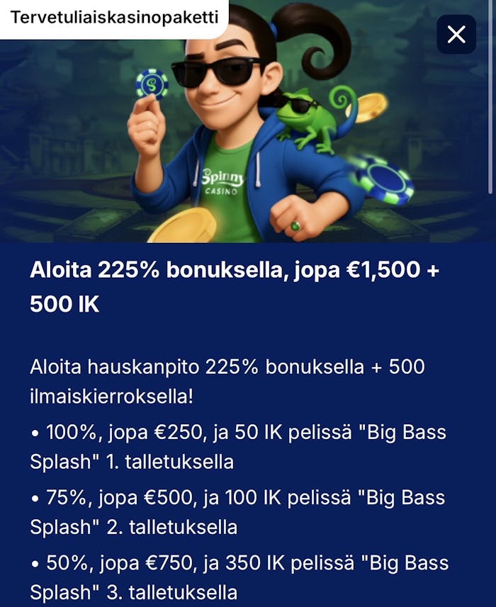 Spinny Casinon bonus on jaettu kolmelle ensimmäiselle talletukselle