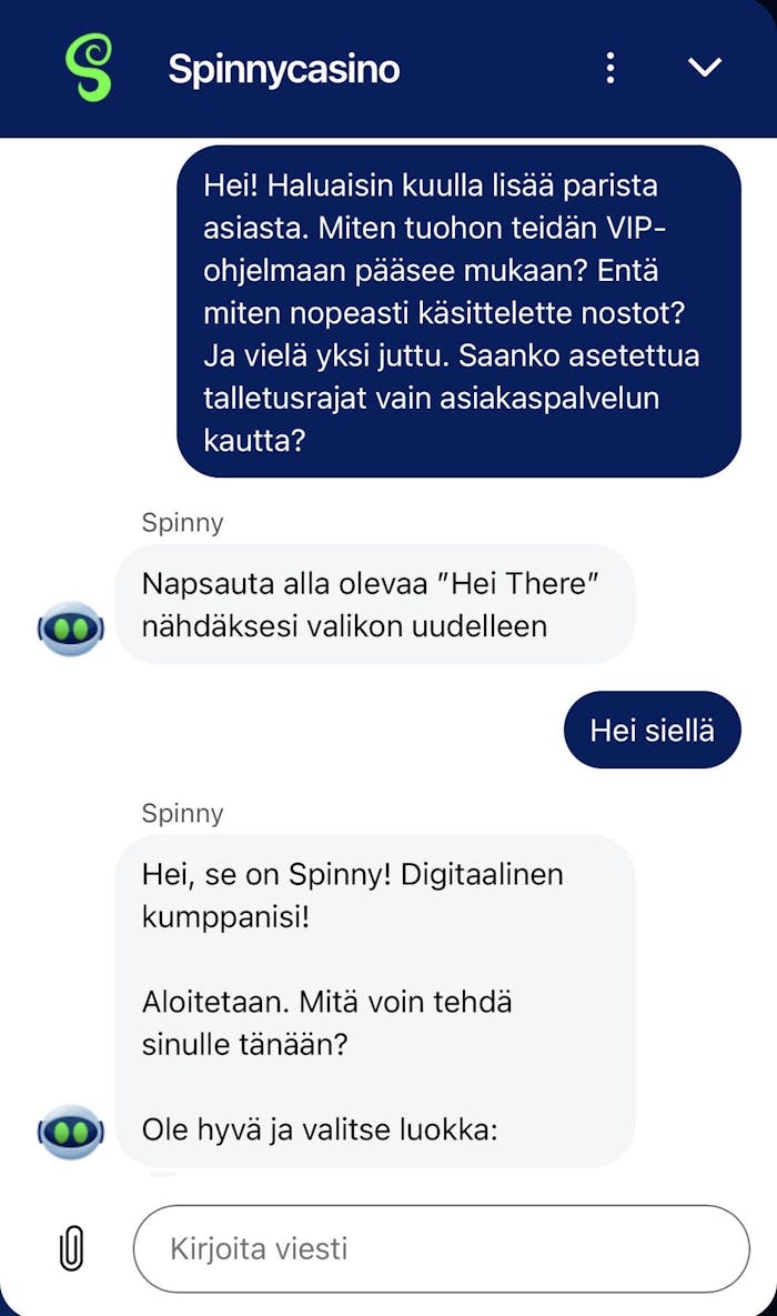 Spinny Casinon asiakaspalvelussa sinua odottaa Chatrobotti