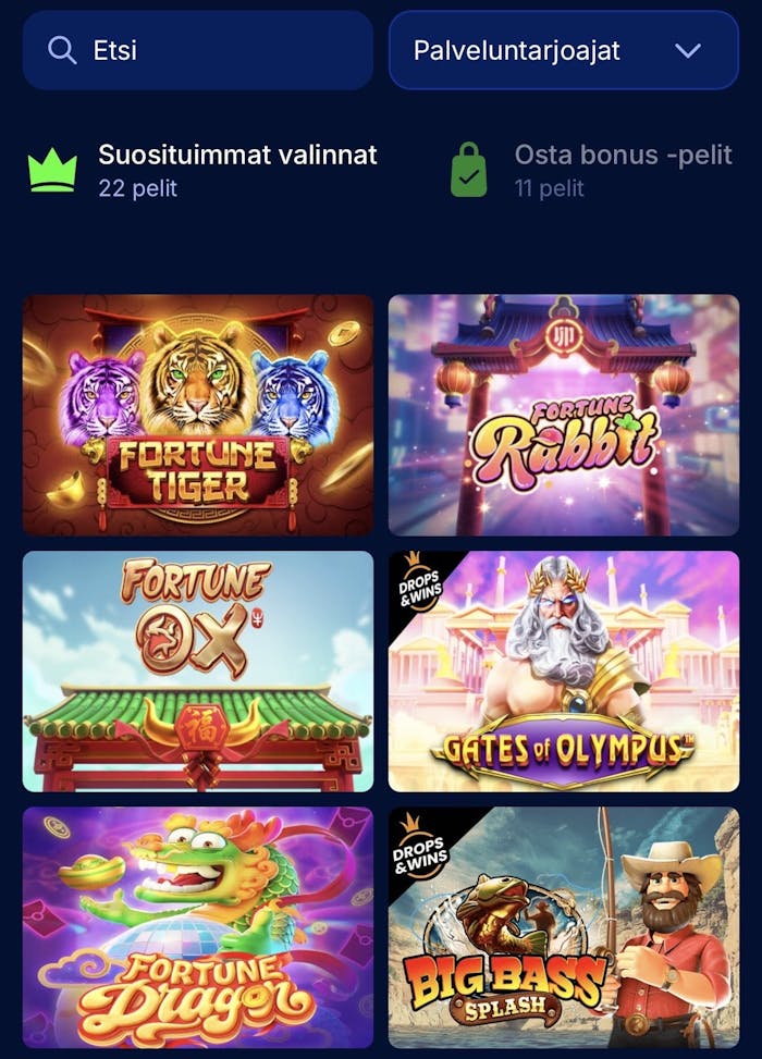 Spinny Casinon peleihin kuuluu suosittuja vaihtoehtoja kuten Fortune Tiger