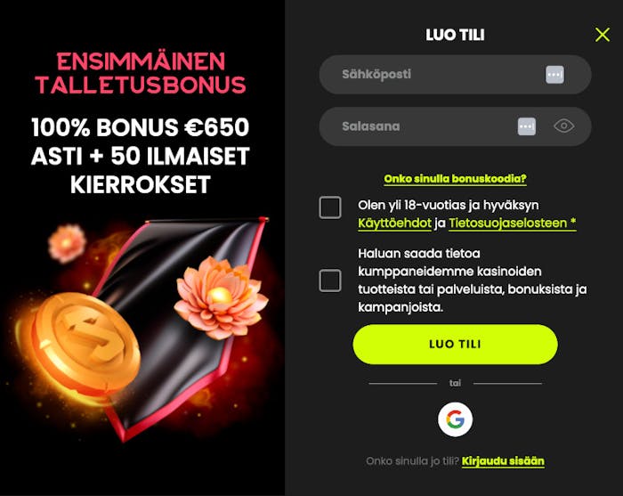 Rekisteröitymislomake Spin Samurai Casinolla