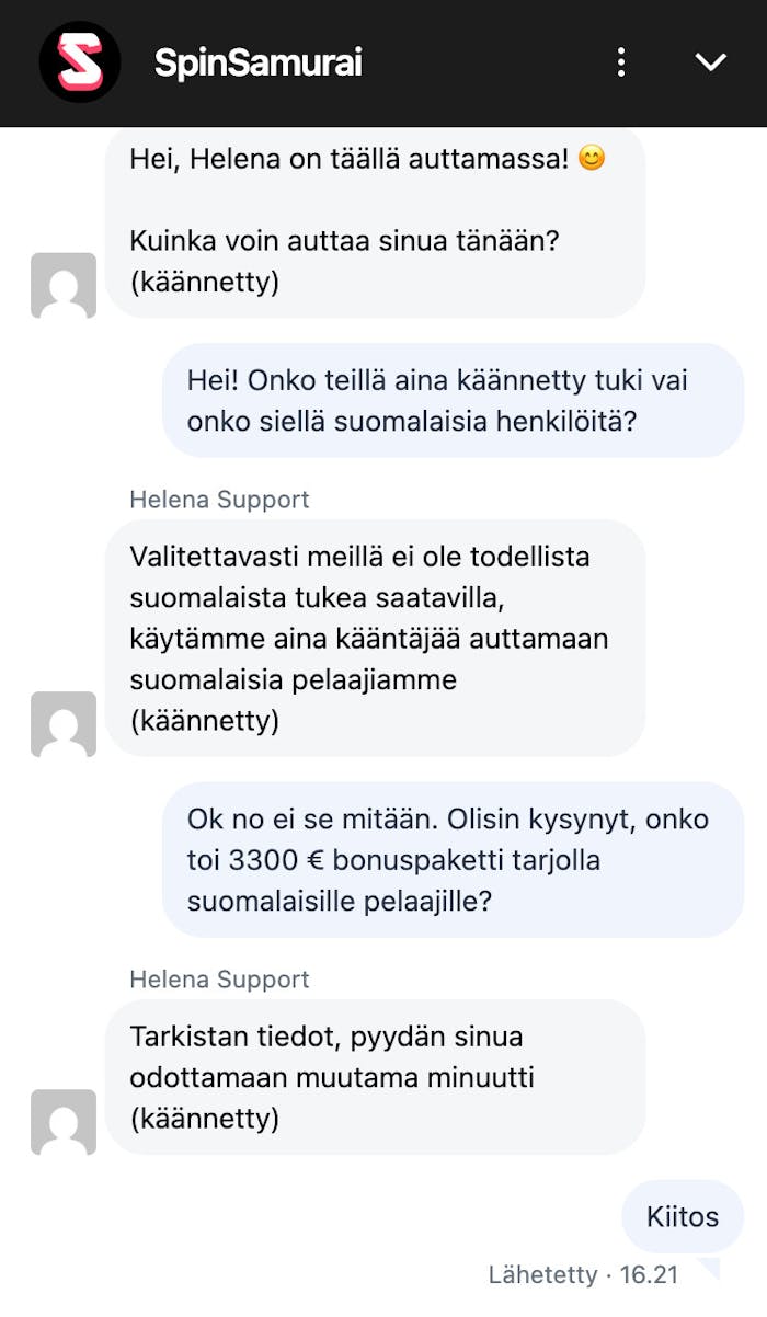 Spin Samurai Casinolla saa asiakaspalvelua suomeksi