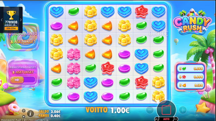 Candy Rush -pelin 1,00 euron voitto.