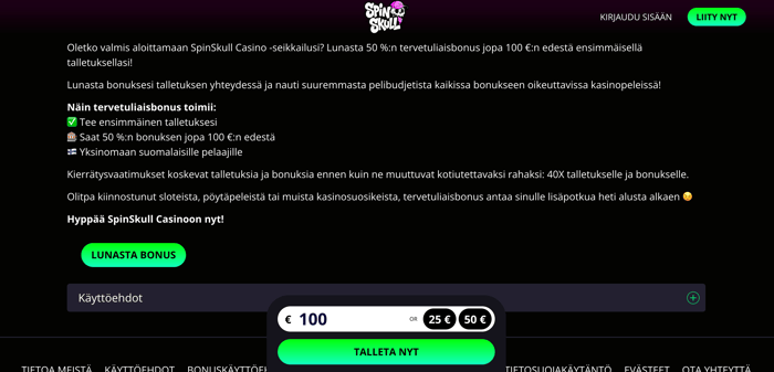 Spin Skull Casinon bonuksen lunastus.