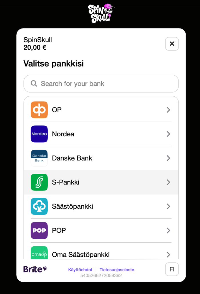 Verkkopankkivaihtoehdot SpinSkull Casino tallettaessa.