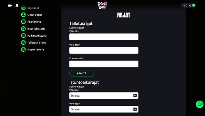 Spinskull Casinon näkymä, jossa asetetaan talletus- ja istuntorajat.