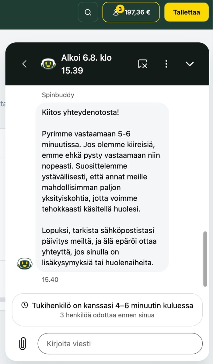 SpinStag Casinon asiakaspalvelussa oli pitkät jonot.