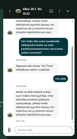 SpinStagin live-chat, jossa Spinbuddy-botti toistaa ruuhkailmoituksen vastaamatta pelaajan kysymykseen.