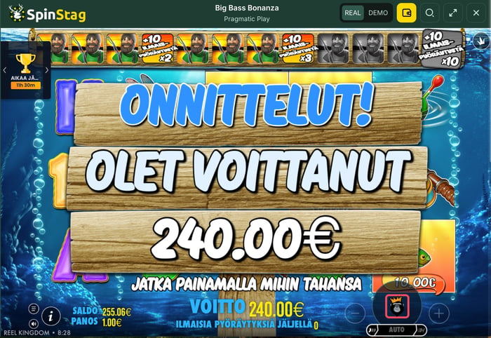 Big Bass Bonanza -pelin ilmaiskierrokset toivat ison 240 € voiton.