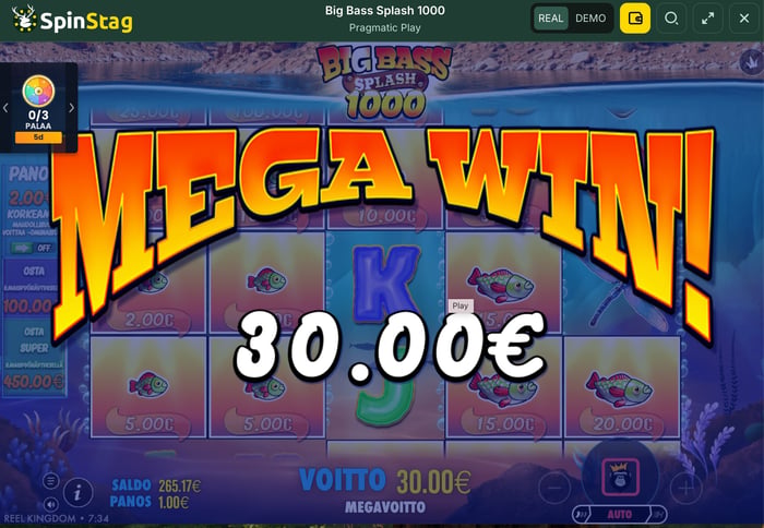 Big Bass Splash 1000 -pelin isoin voitto oli 30 euroa.