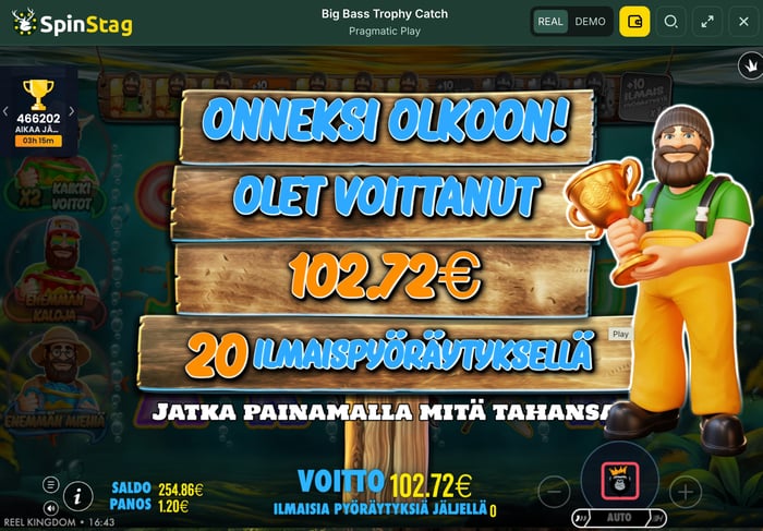 Big Bass Trophy Catch -pelin ilmaiskierrokset toivat ison 102,72 € voiton 1,20 € panoksella.