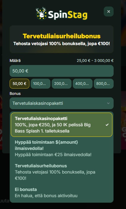 SpinStag Casinon talletusikkuna, jossa valitaan bonus – tervetuliaiskasinopaketti, ilmaisveto tai tervetuliaisurheilubonus.