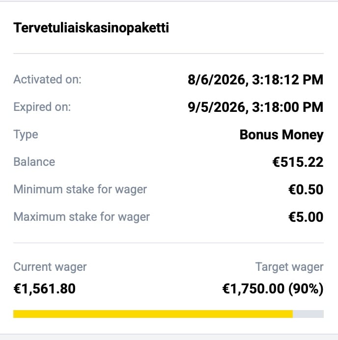 Big Bass Bonanza -pelin jälkeen kierrätys oli edennyt 90 prosenttiin. Koska saldo oli yli 500 € oli varmaa, että kierrätys tulee täyteen.