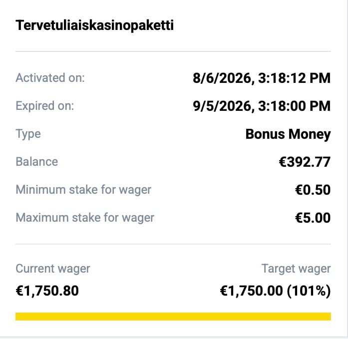 Sain täytettyä SpinStag Casinon tervetulobonuksen kierrätysvaatimuksen pelaamalla läpi yhteensä 1 750 euroa.