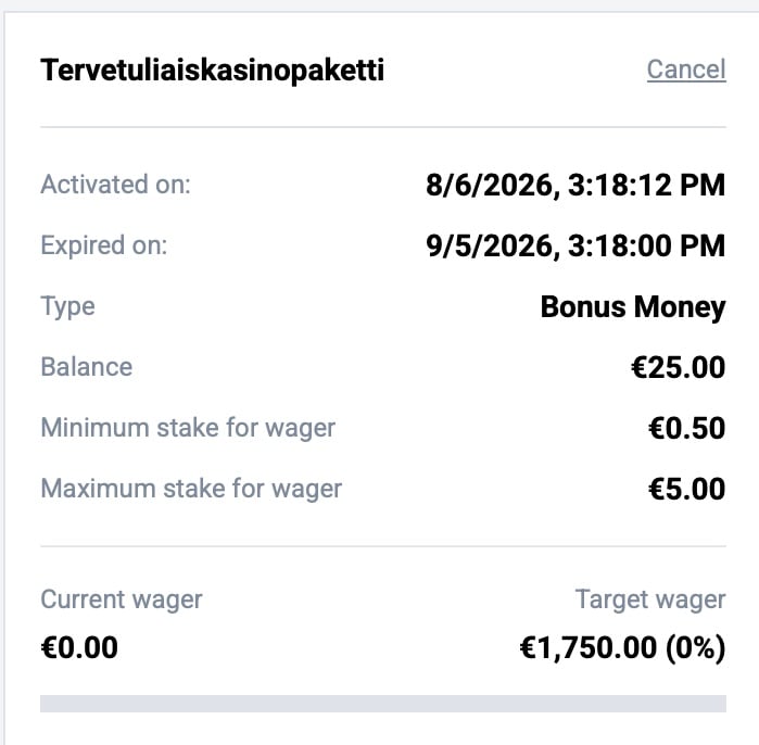 SpinStag Casinolla voi seurata bonuksen kierrätystä ja sen täyttymistä omasta profiilista.