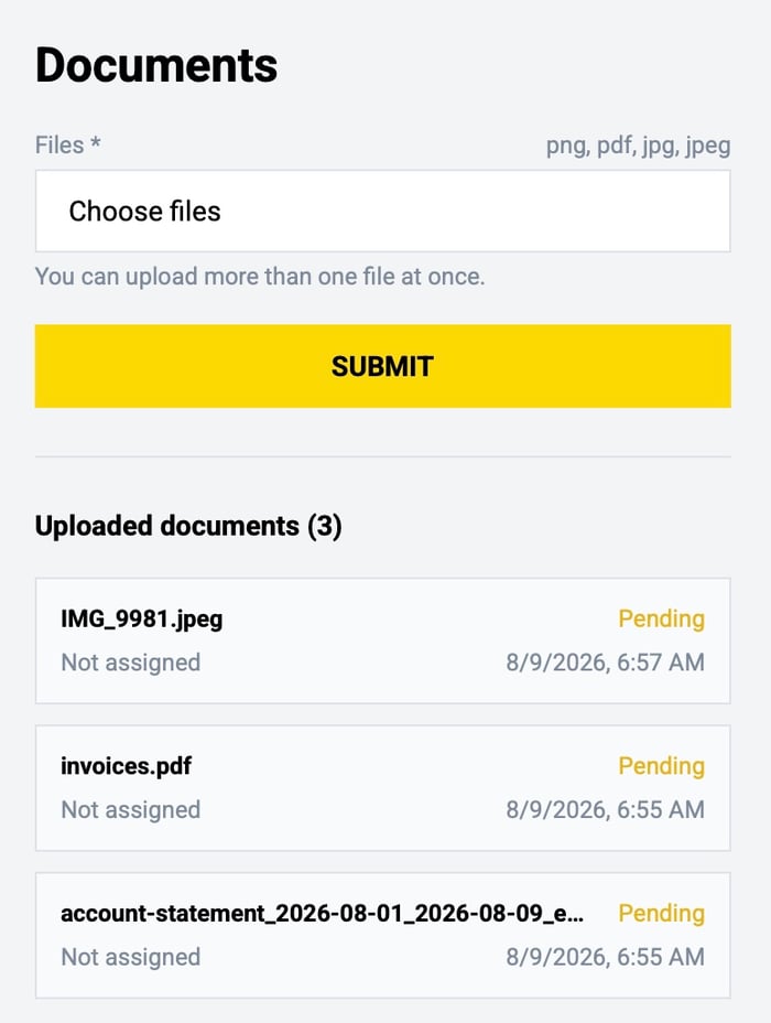 SpinStag KYC suoritetaan lataamalla asiakirjat tilin documents-osioon.