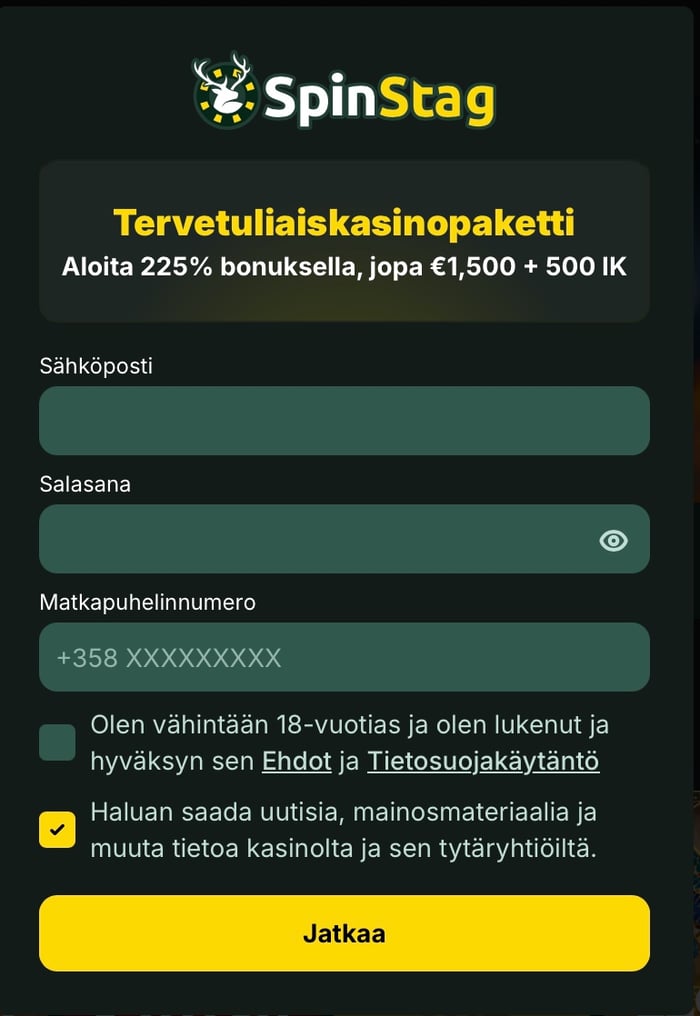 SpinStag Casinolle luodaan tunnukset ja salasana tulevia kirjautumisia varten.