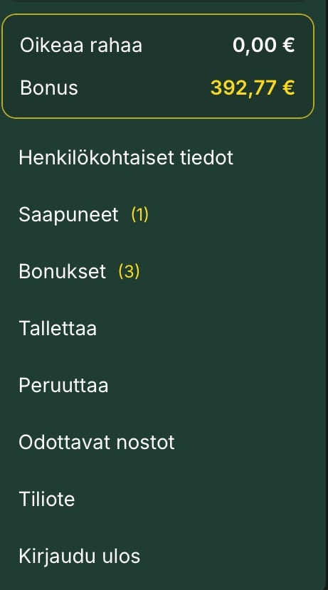 Kierrätysvaatimuksen täyttymisen jälkeen pelitilin saldo oli 392,77 €.