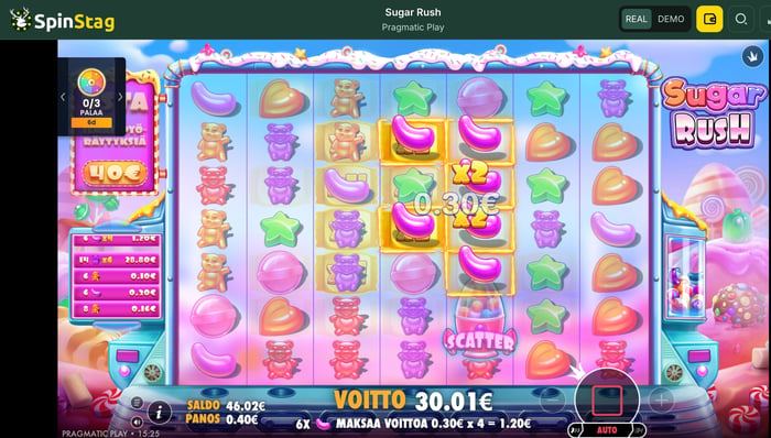 Sain heti pelaamisen alkuun ison voiton Sugar Rush -pelistä.