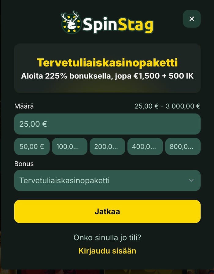 SpinStag Casinon talletusikkuna.