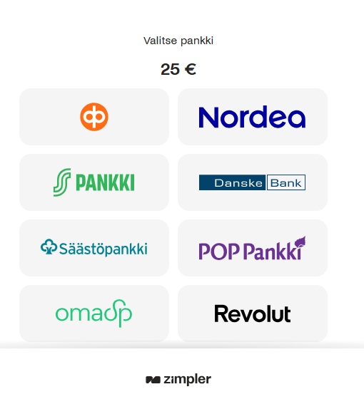 SpinStagin talletus Zimplerin kautta, pankkivalintanäkymä 25 euron talletukselle.